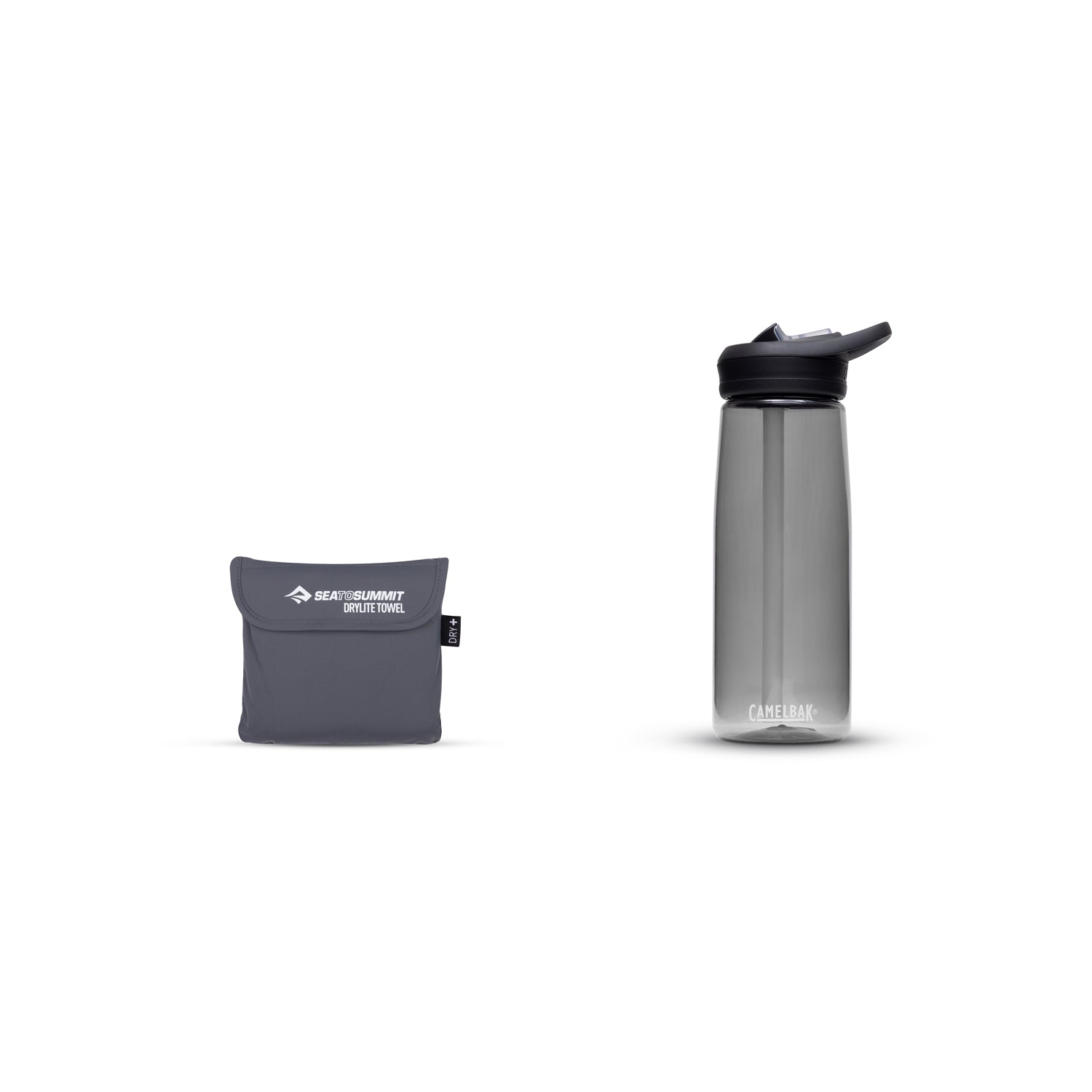 Sea To Summit Drylite Towel in sage green with compact carrying pouch and water bottle