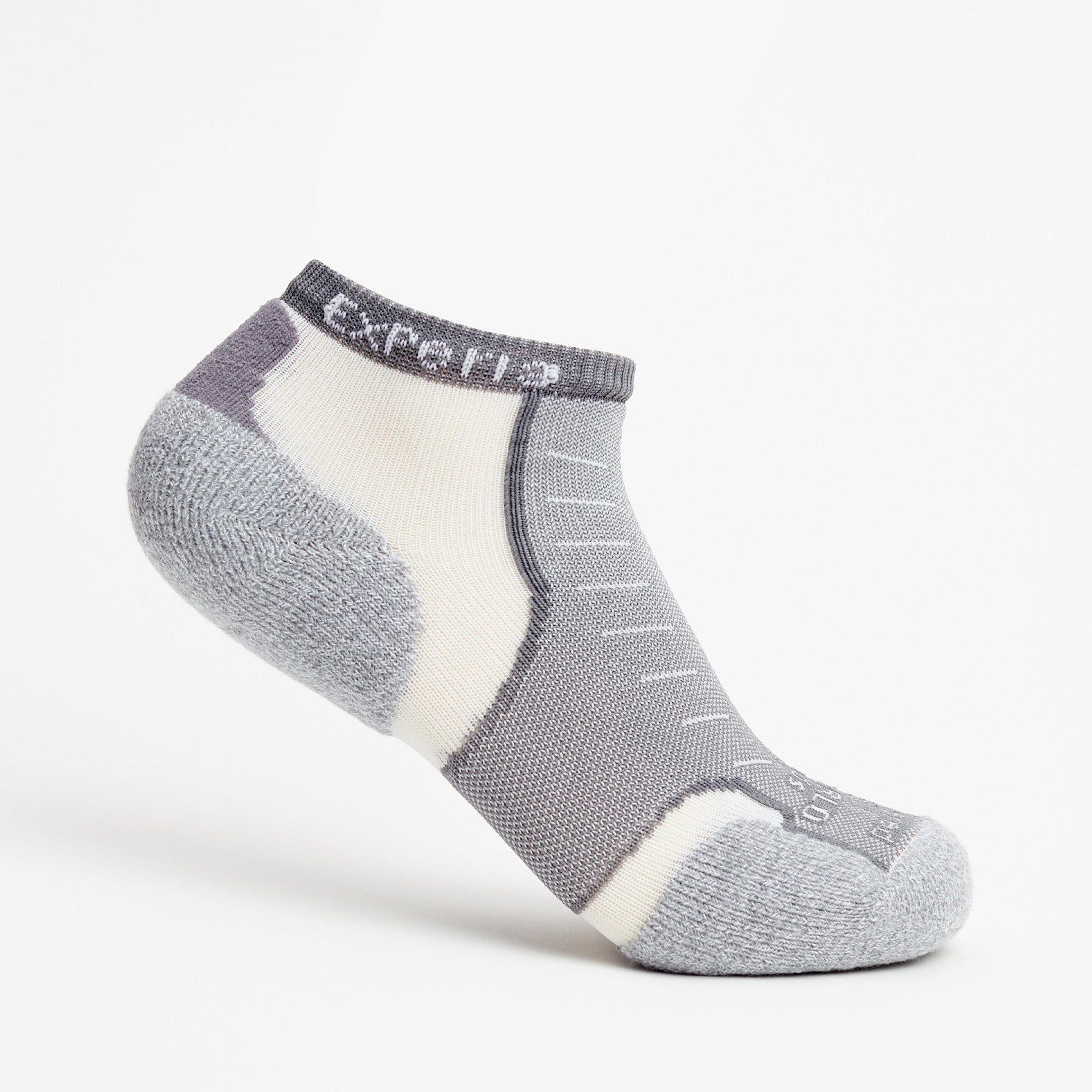 Experia Light Cushion Low-Cut sock in Night Grey with white and purple accents
