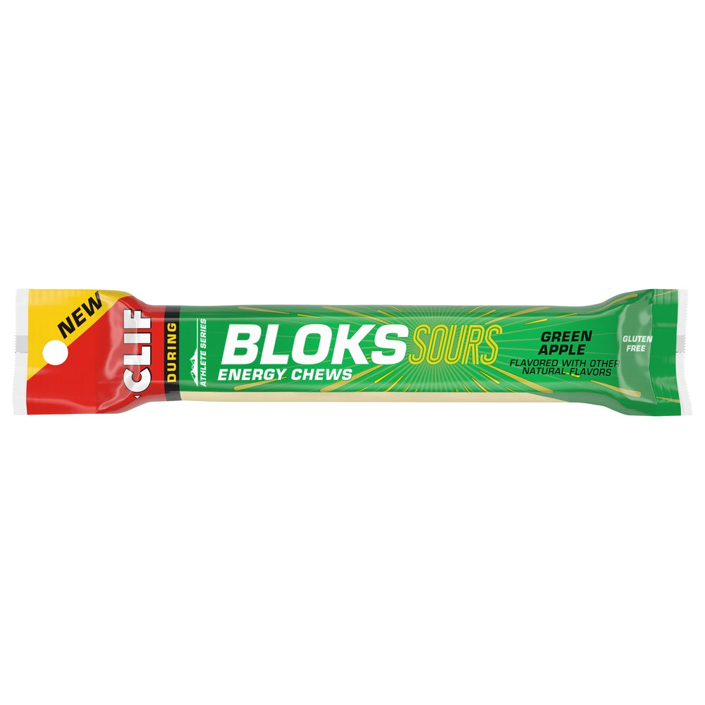 Clif Bloks Sours Green Apple Energy Chews single serving stick pack on white background