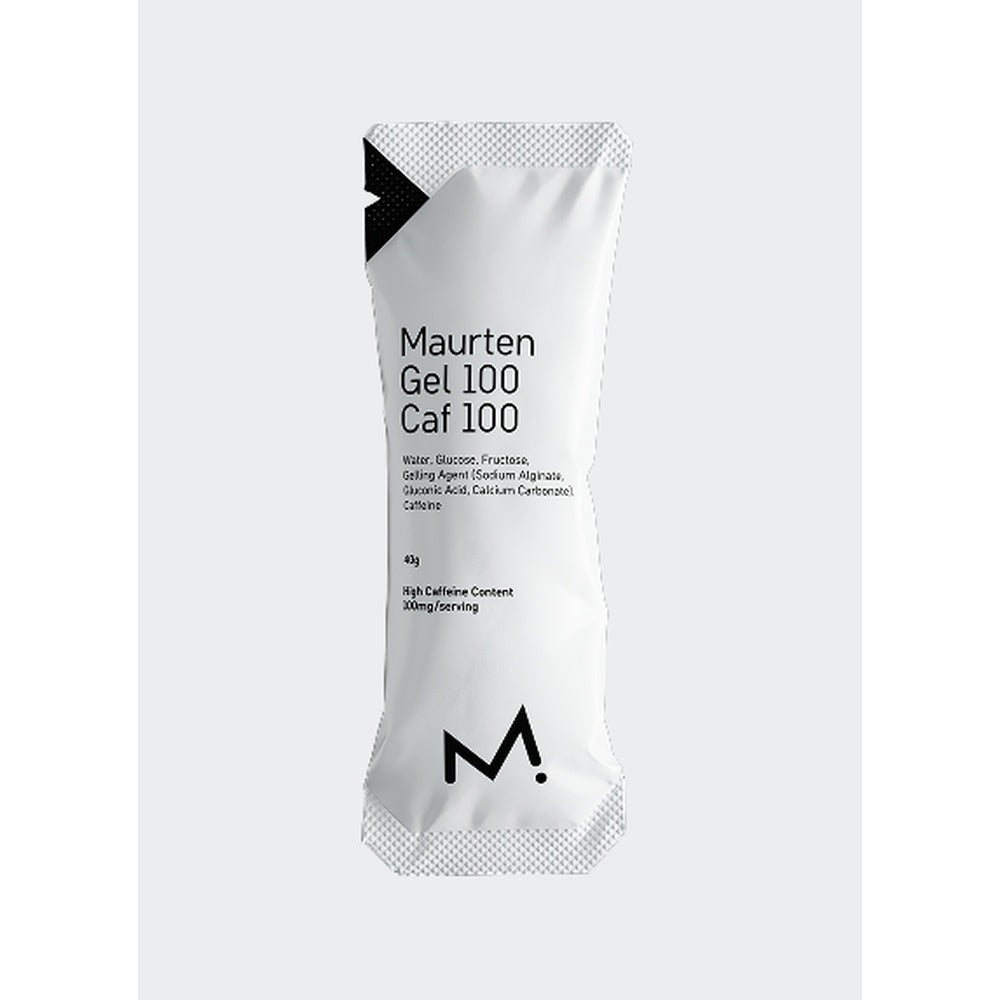 Maurten Gel 100 Caf 100 white energy gel packet with black M logo