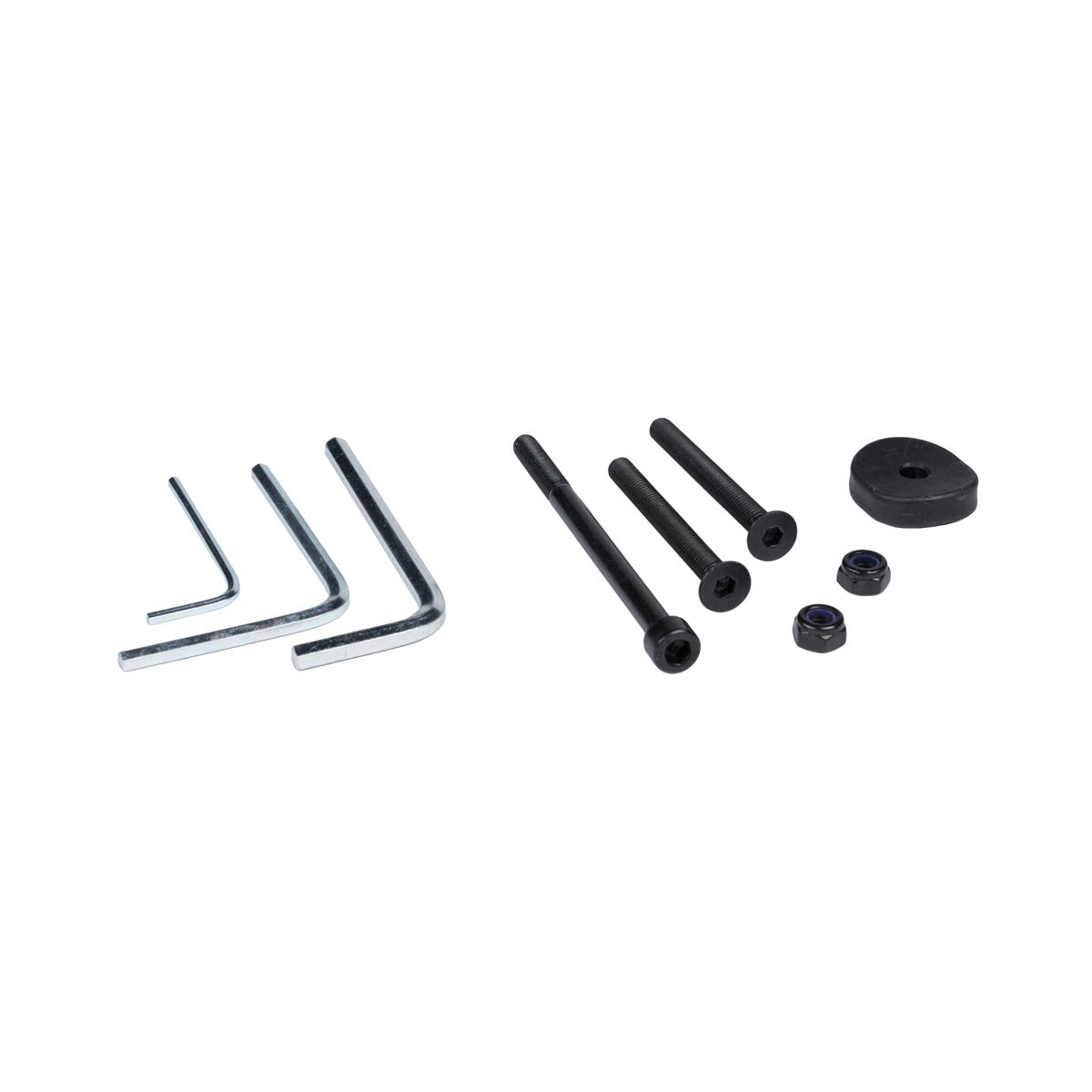 Kuat Ratchet Hinge hardware kit including hex keys, bolts, nuts, and spacer on white background