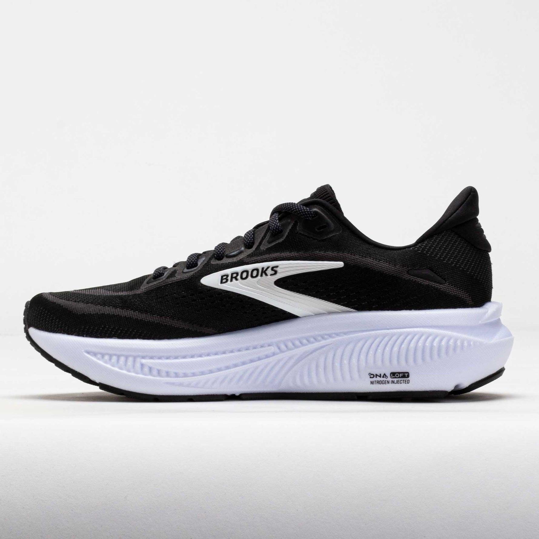 Brooks Ghost 18 running shoe in black with white sole and Brooks branding