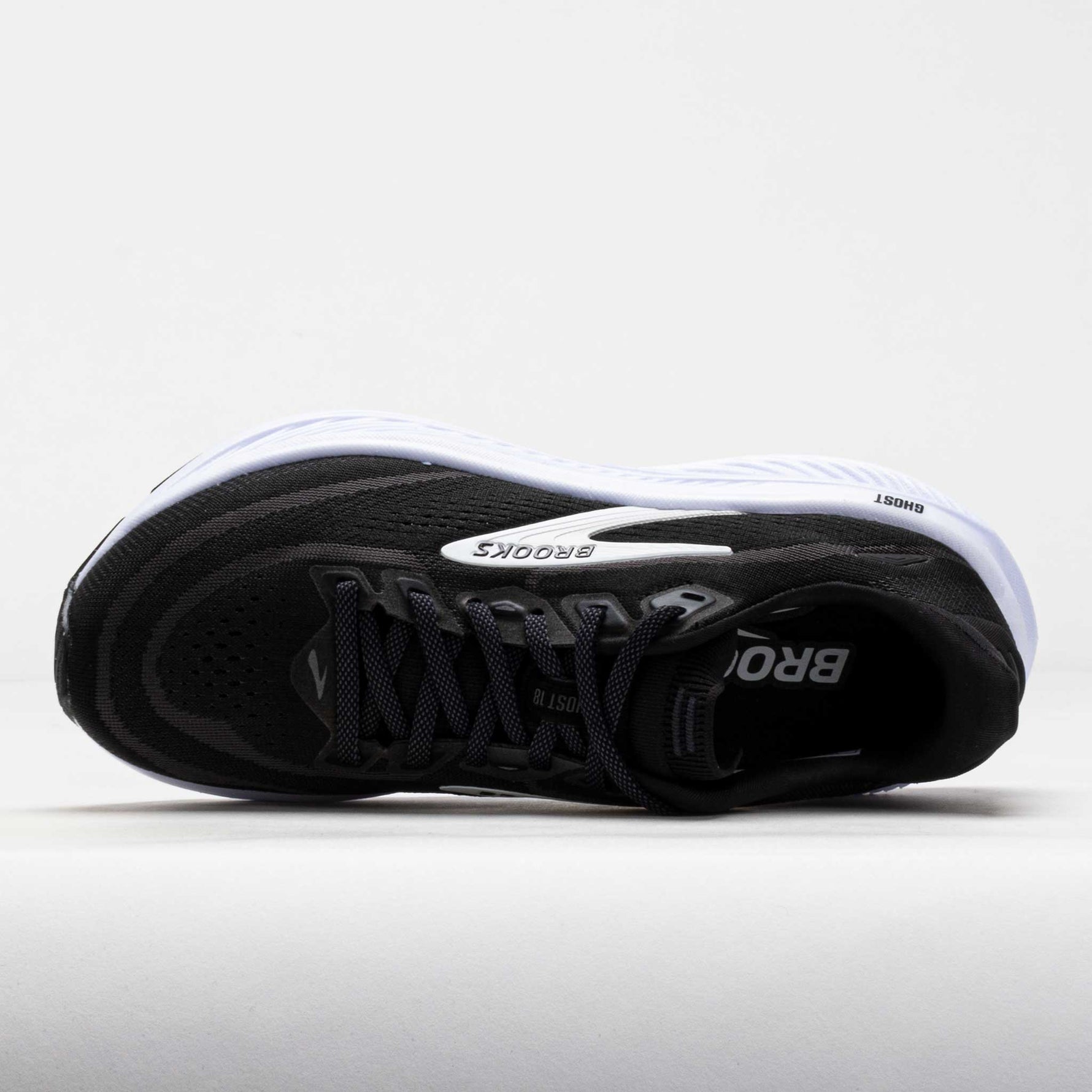 Brooks Ghost 18 running shoe in black with grey accents and white sole