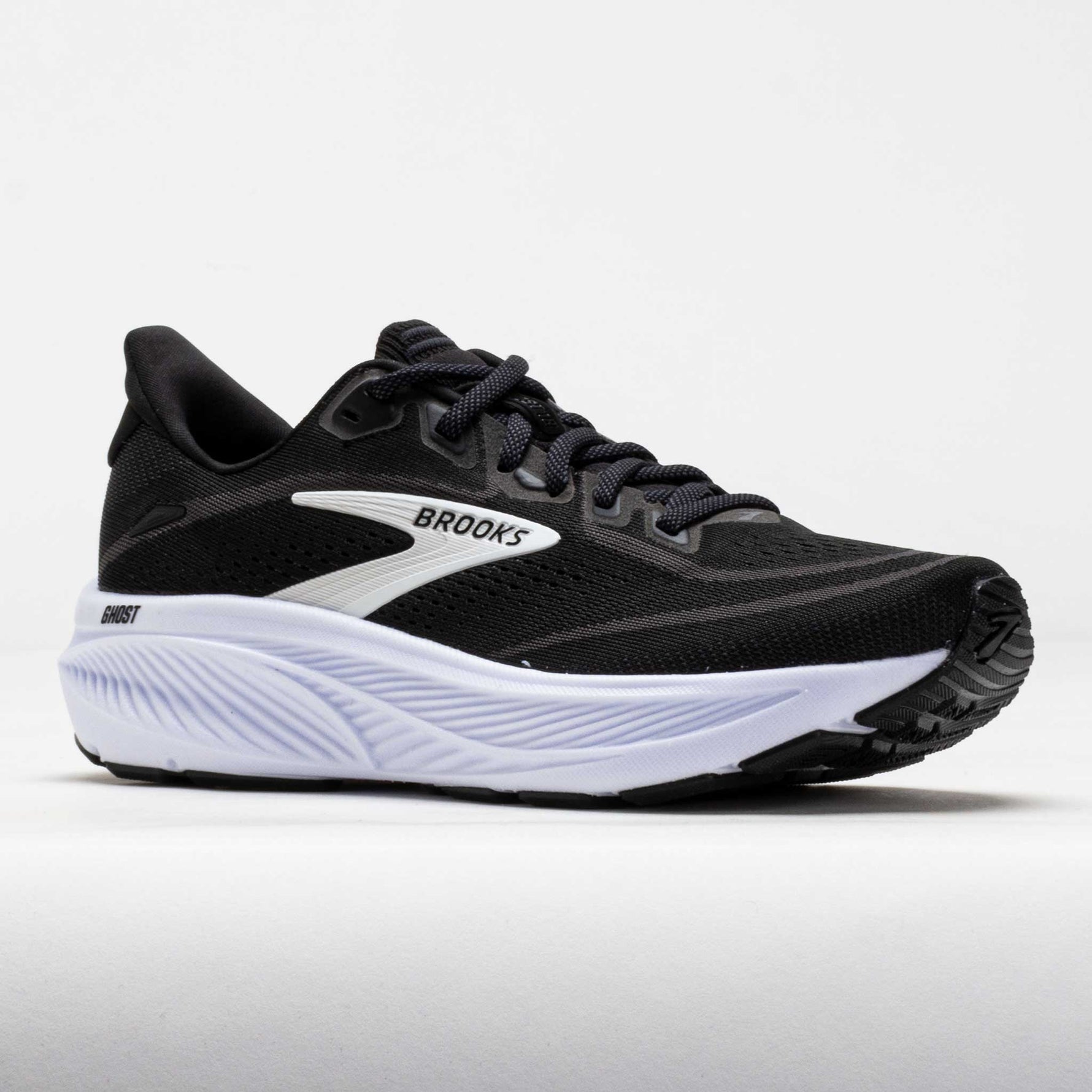 Brooks Ghost 18 running shoe in black mesh upper with white midsole and grey accents