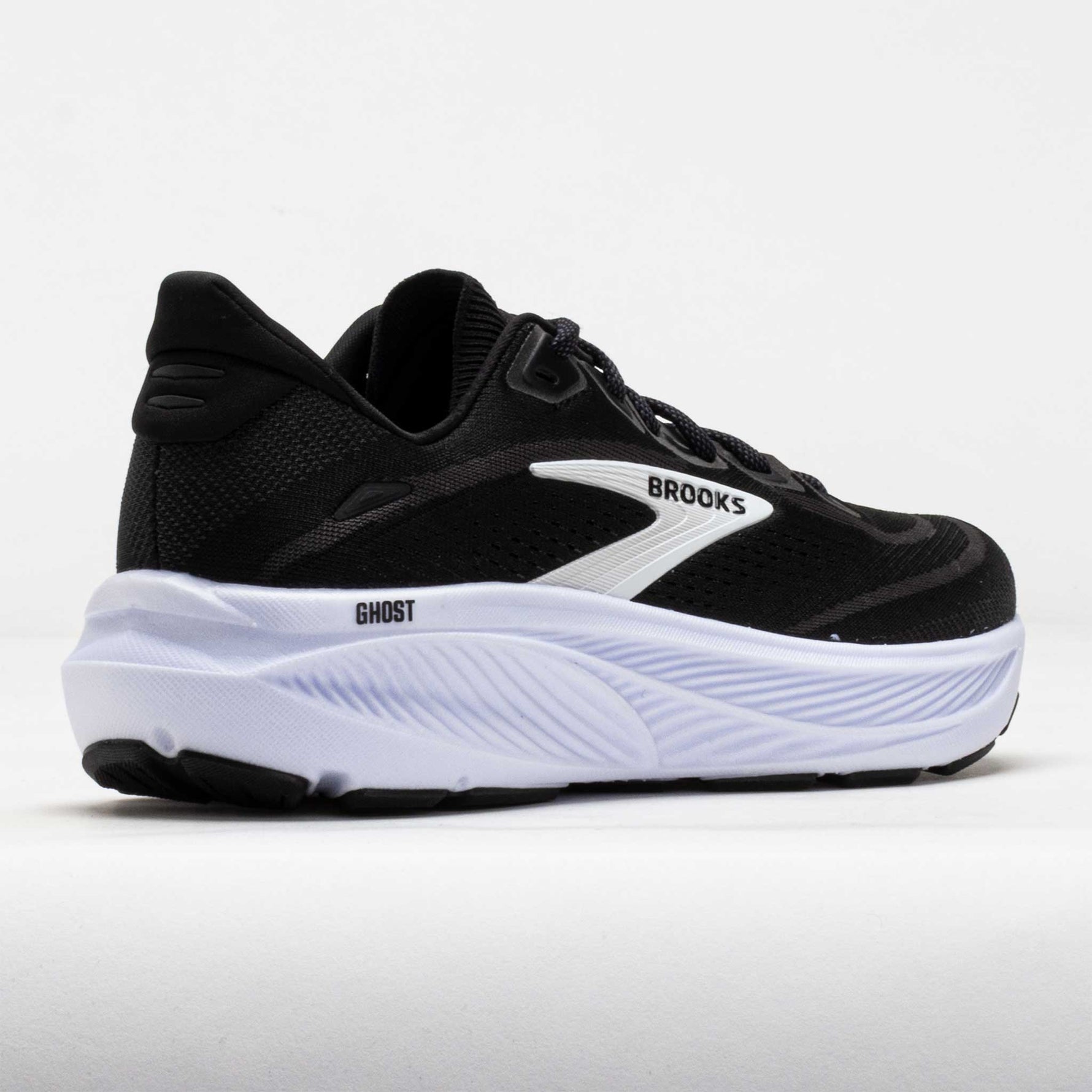 Brooks Ghost 18 running shoe in black with white midsole and grey accents