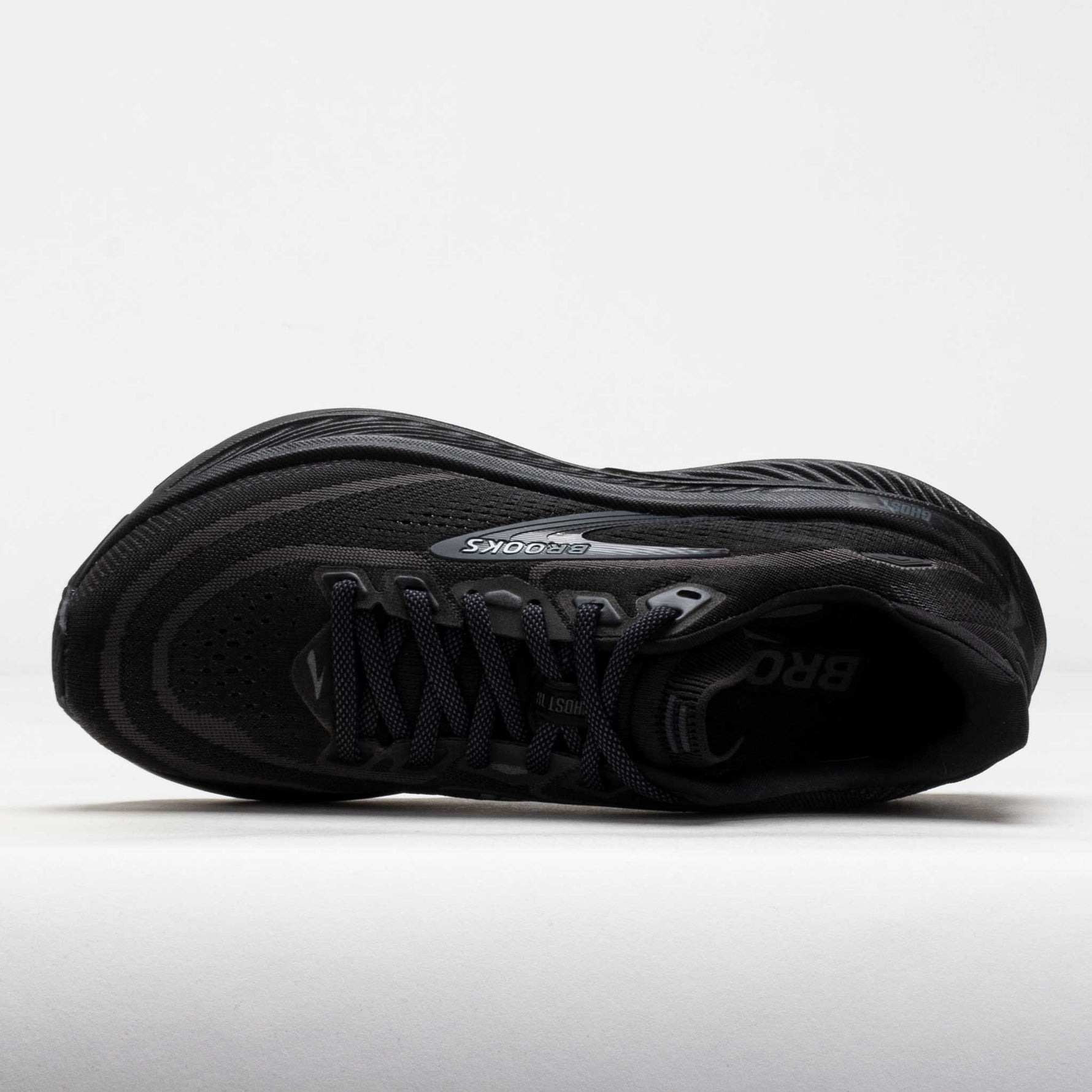 Brooks Ghost running shoe in all black colorway viewed from above