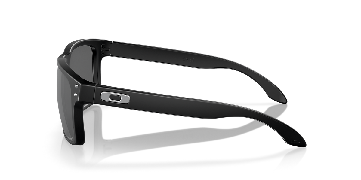 Oakley Holbrook sunglasses side temple view showing matte black frame and Oakley logo hardware