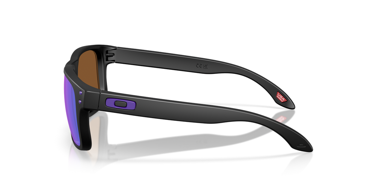 Oakley Holbrook S sunglasses side profile showing matte black arms and purple Oakley logo detail
