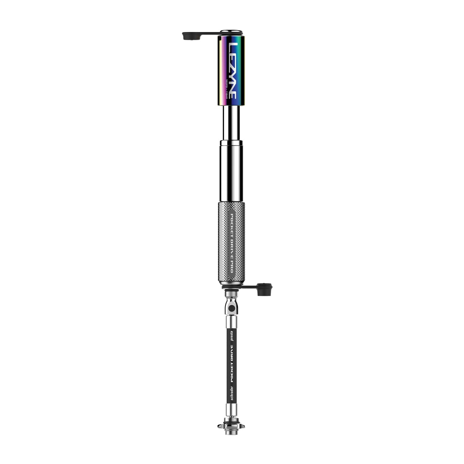 Lezyne Pocket Drive Pro Neo bike pump with metallic black finish and iridescent top cap