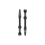 Two black Lezyne CNC TLR valve stems with threaded bodies on white background
