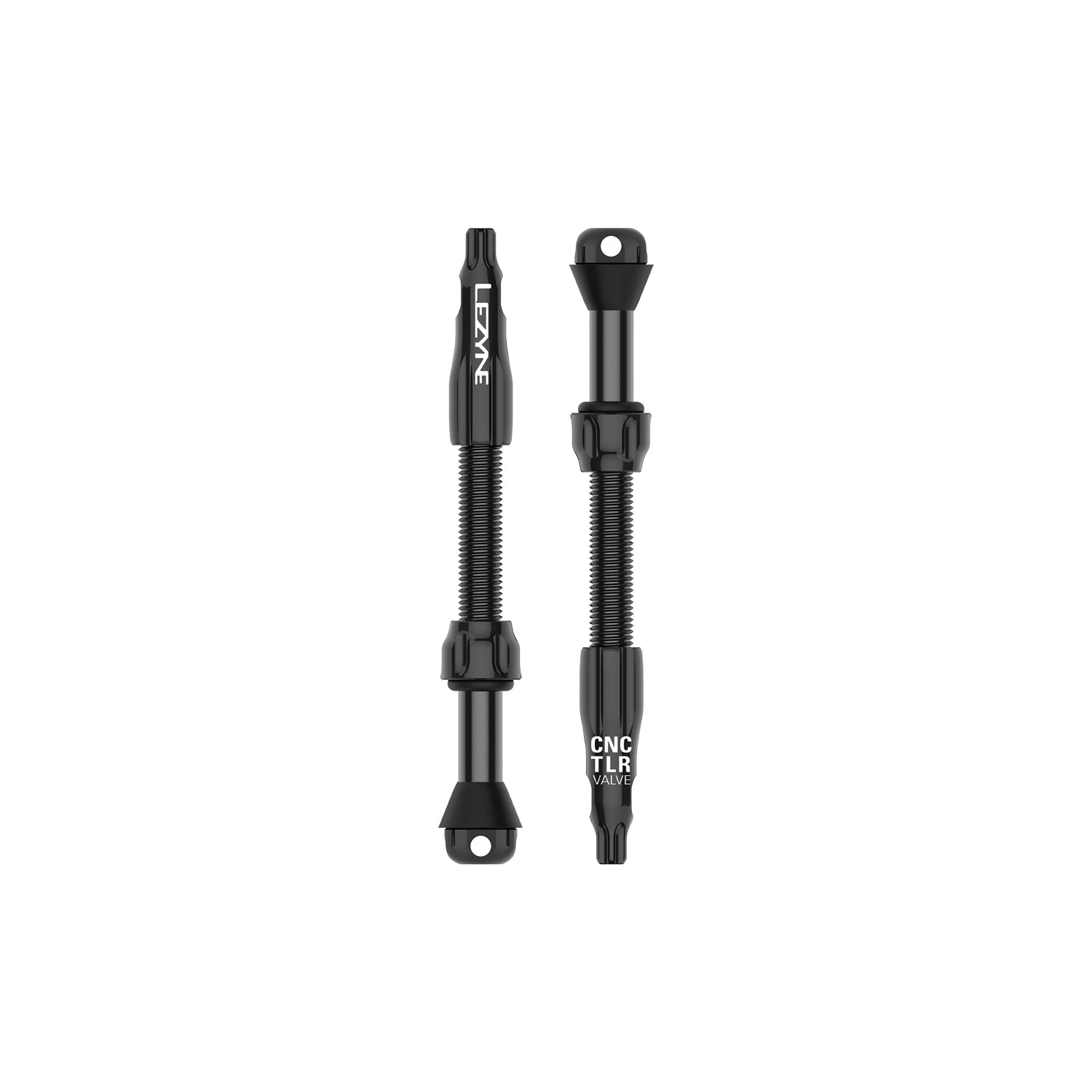 Two black Lezyne CNC TLR valve stems with threaded bodies on white background