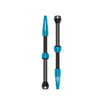 Two Lezyne CNC TLR tubeless bike valves with blue anodized parts and black stems
