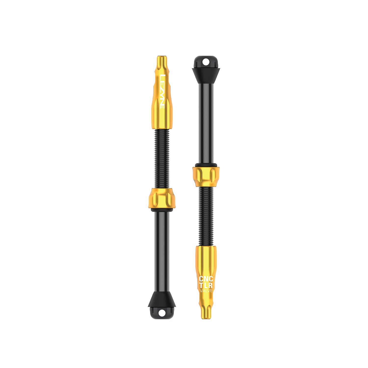 Two Lezyne CNC TLR tubeless valve stems with black bodies and gold accents