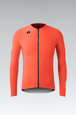 Gobik Avalon long sleeve cycling jersey flat ghost mannequin front view in lava coral color