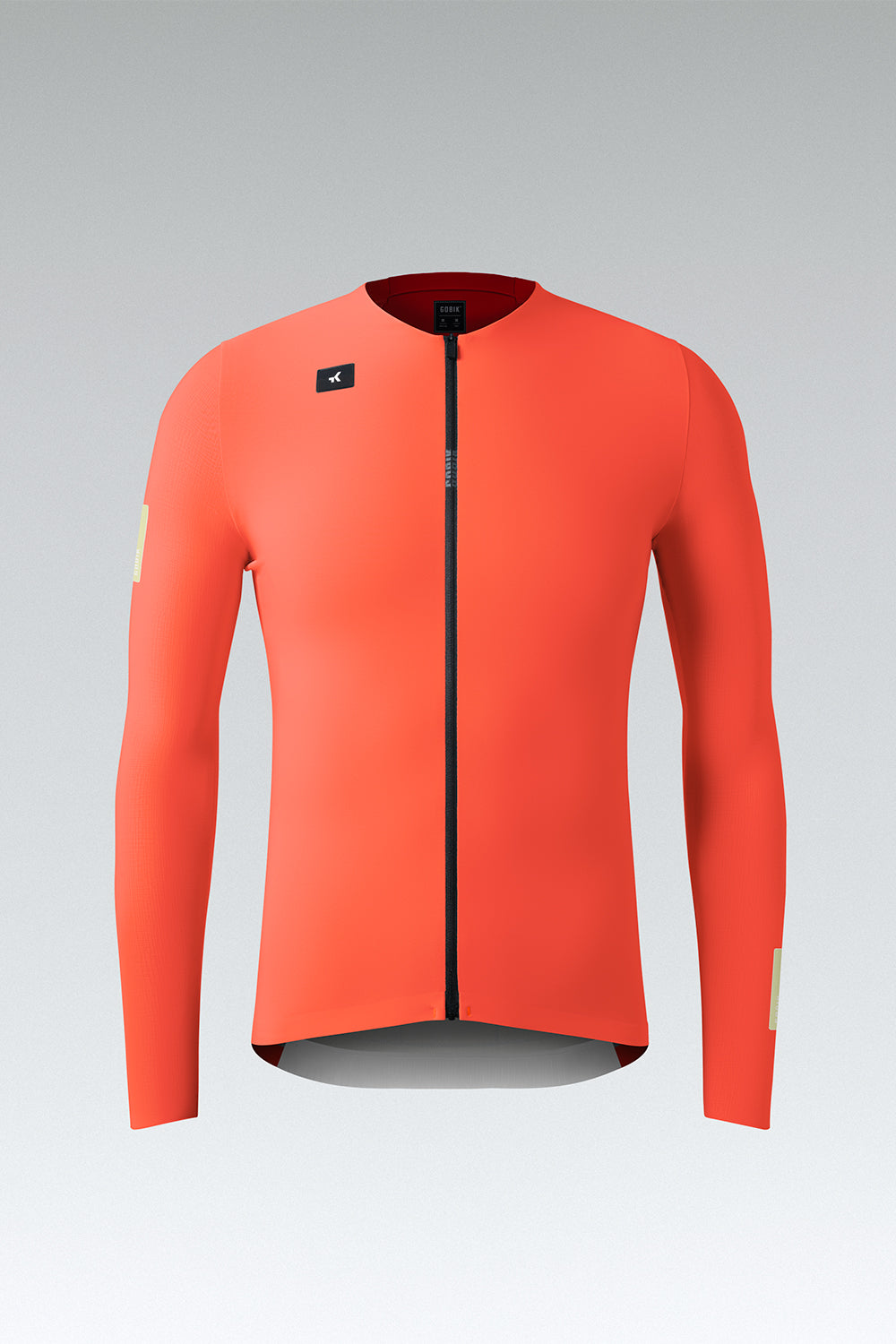 Gobik Avalon long sleeve cycling jersey flat ghost mannequin front view in lava coral color
