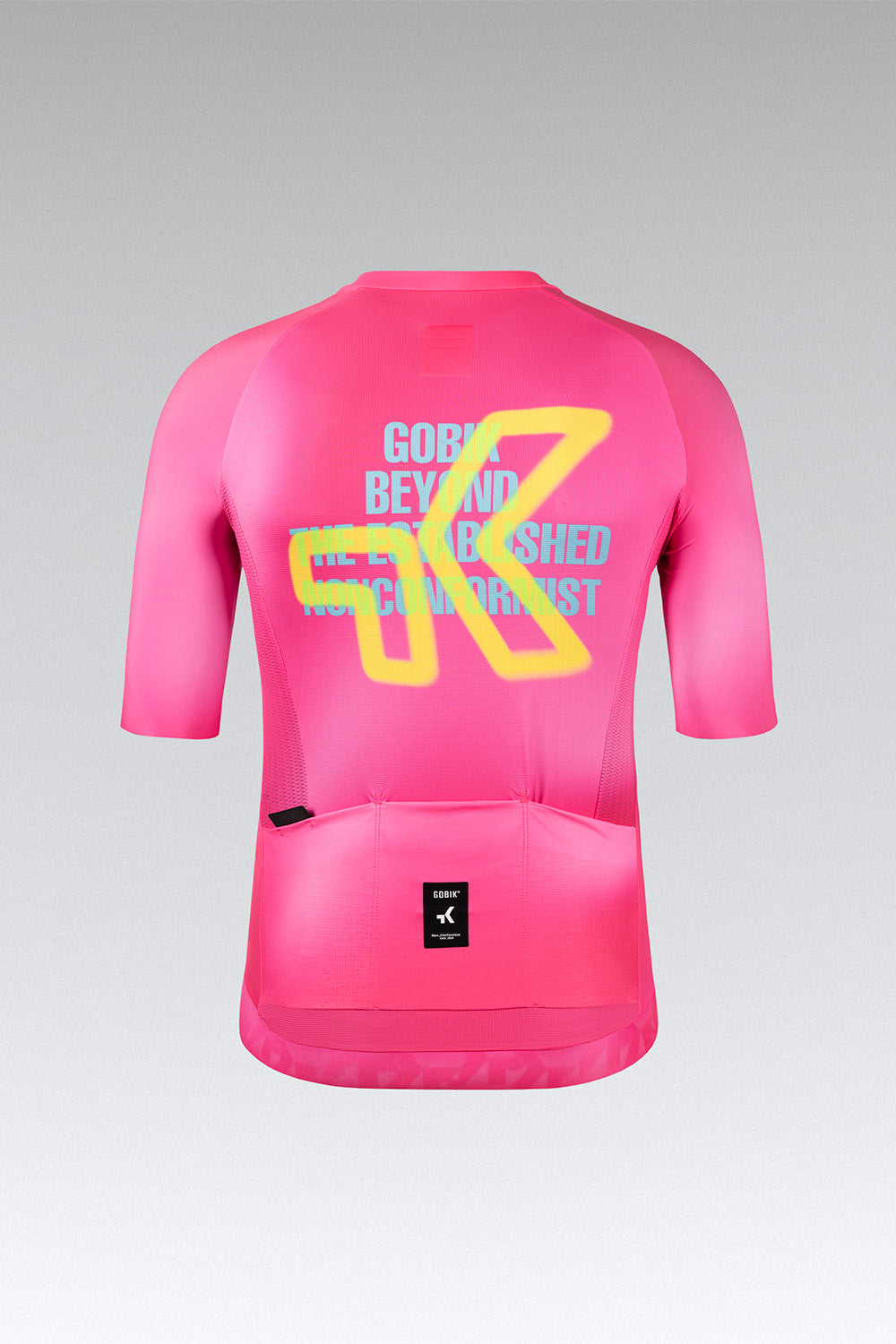 Gobik CX Pro cycling jersey back view in neon pink with yellow and cyan graphics