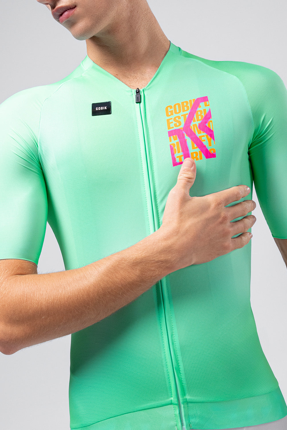 Gobik CX Pro 4.0 cycling jersey in Blast colorway, mint green with vibrant chest graphic