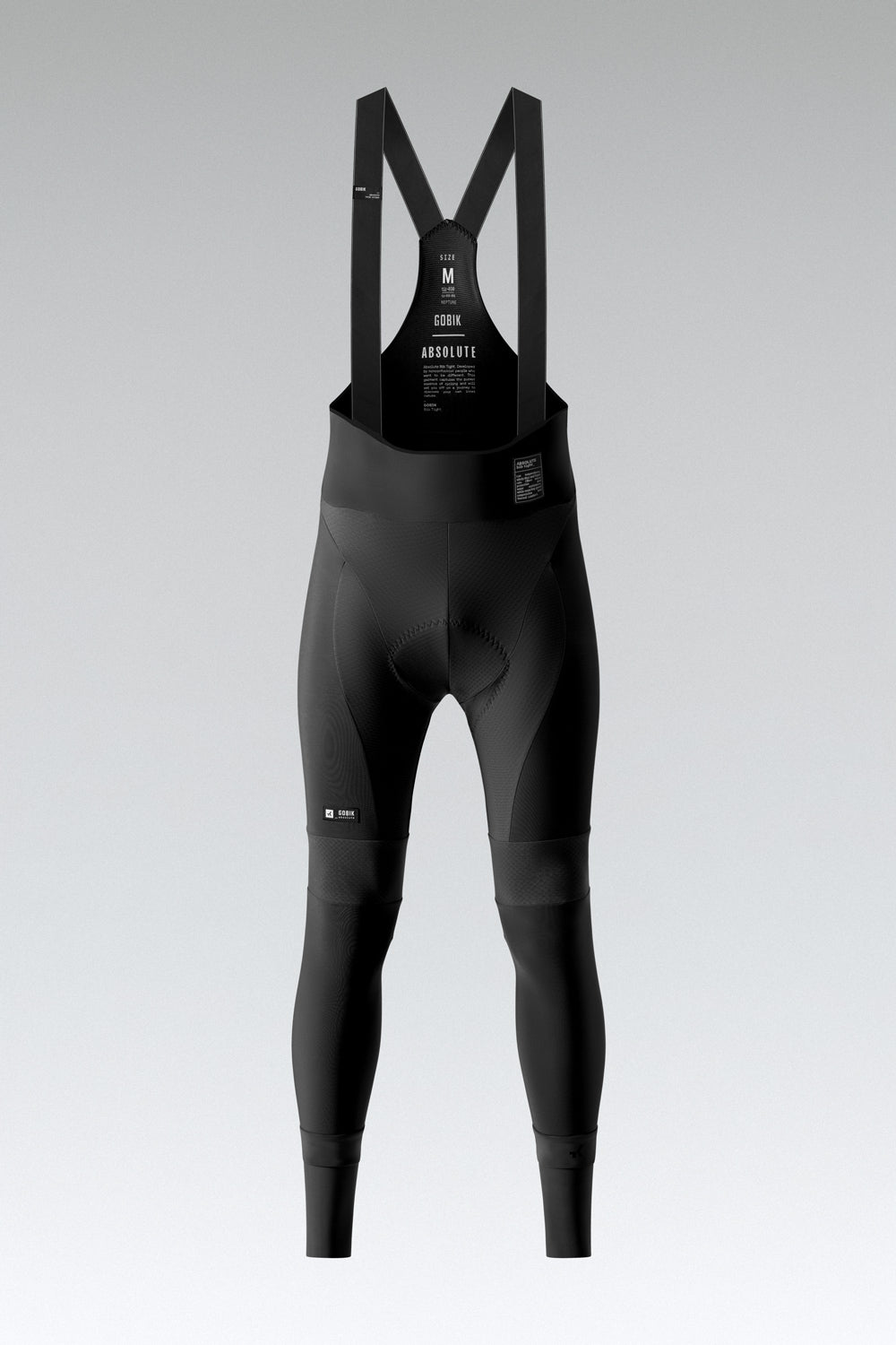 Gobik Absolute black cycling bib shorts with suspender straps on gray background