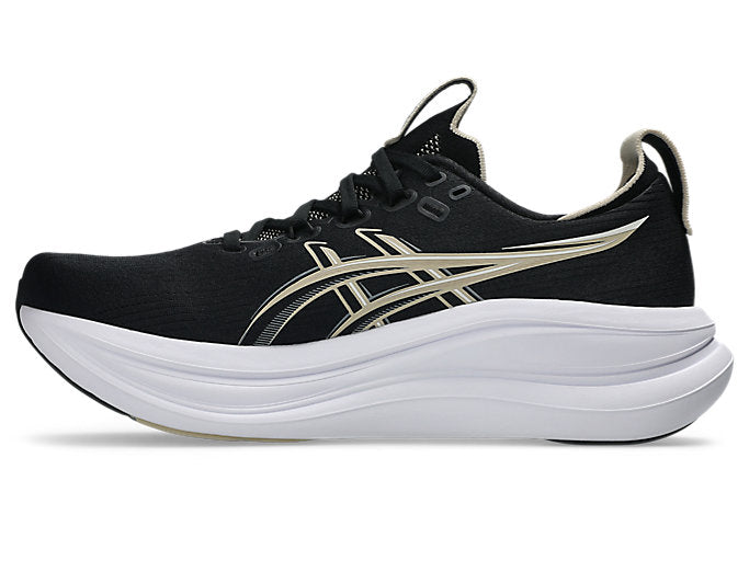 ASICS Gel Nimbus 28 running shoe in black with gold stripes on white background
