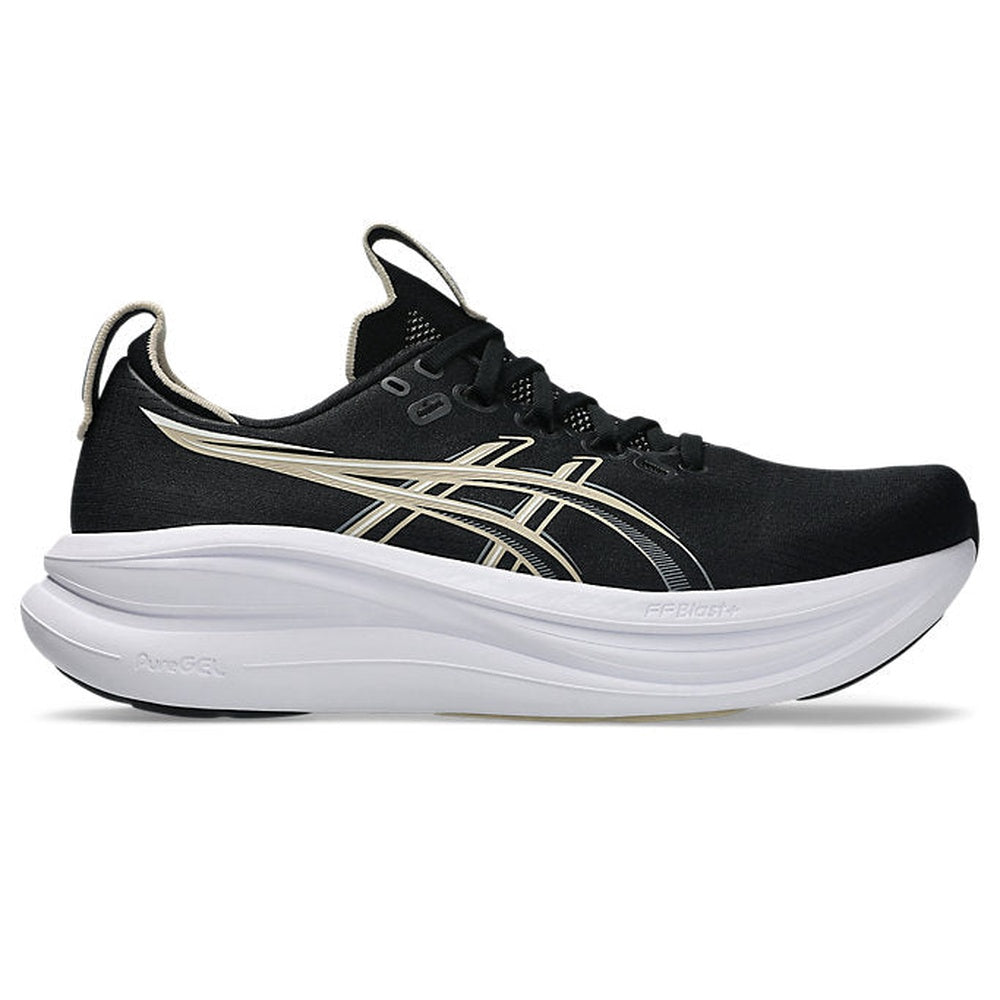 ASICS Gel Nimbus 28 running shoe in black with gold stripes