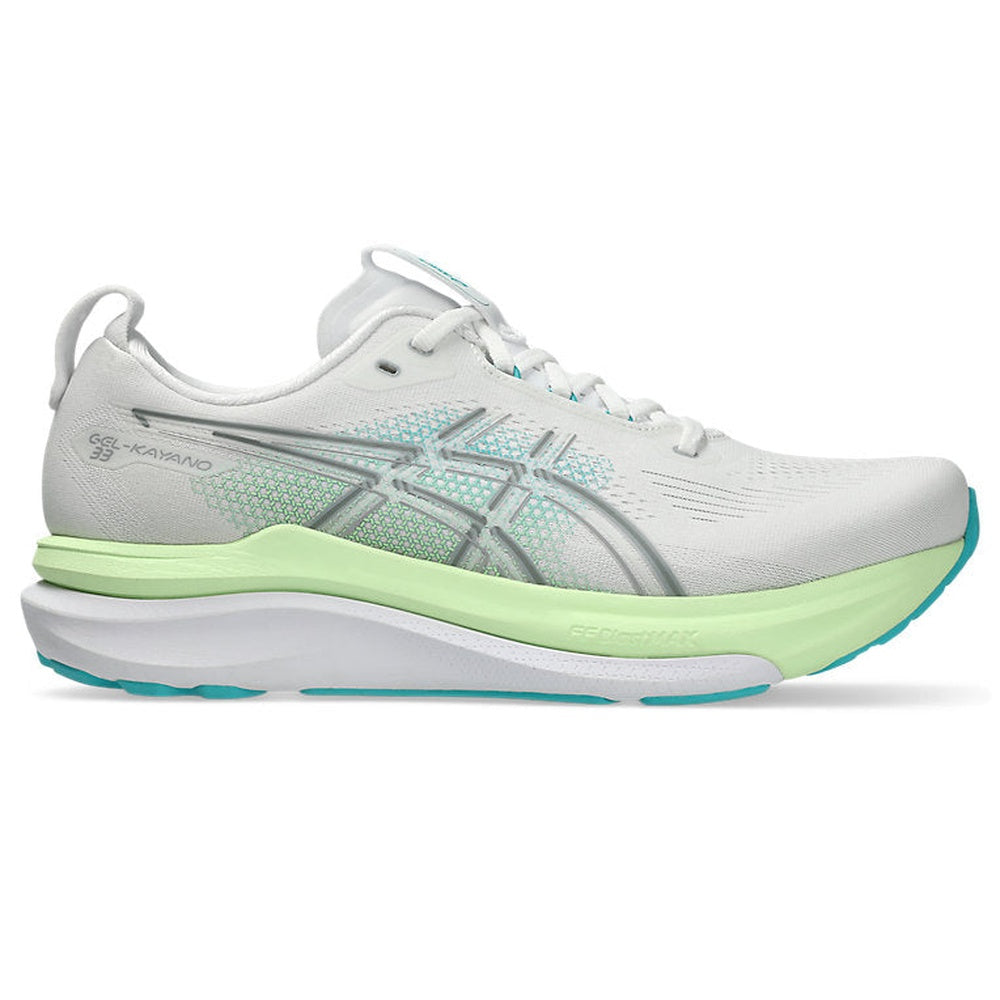 ASICS Gel Kayano 33 running shoe in white with aqua accents