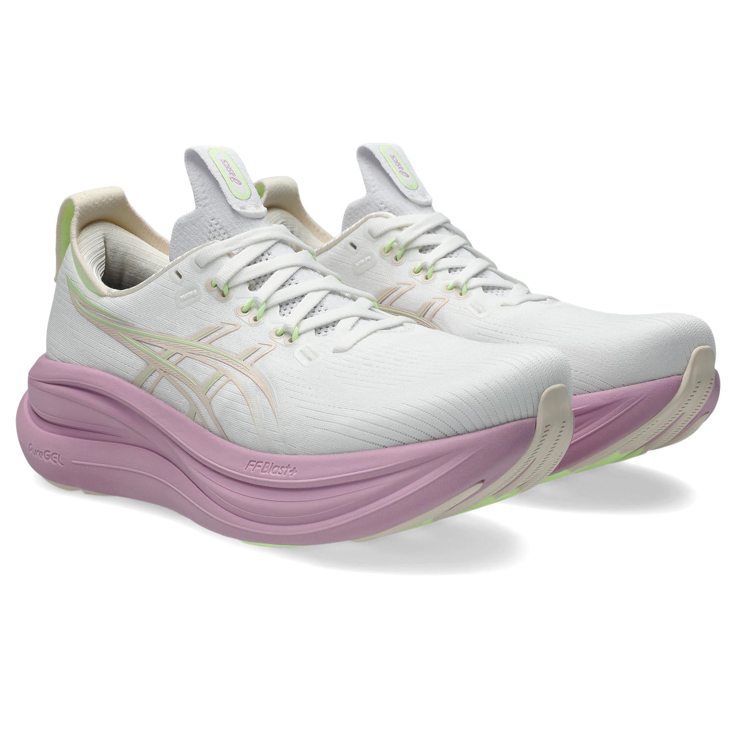 ASICS Gel Nimbus 28 running shoes in white with hazy lilac midsole