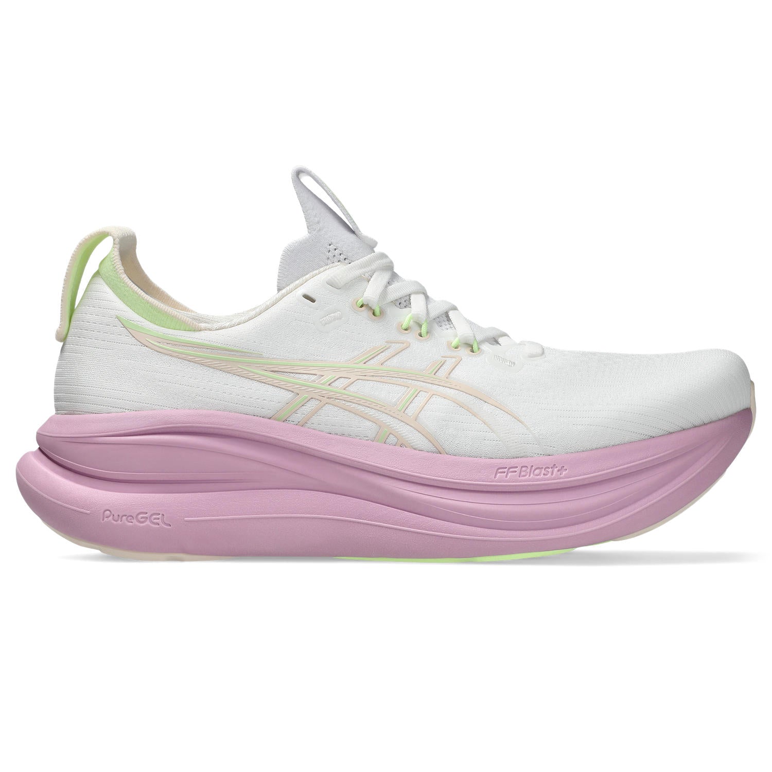 ASICS Gel Nimbus 28 running shoe in white with hazy lilac midsole