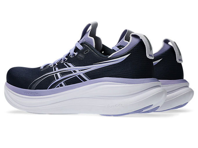 ASICS Gel Nimbus 28 running shoes in midnight navy with bluebell purple accents