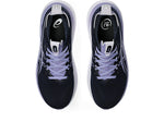 ASICS Gel Nimbus 28 running shoes in midnight blue with purple laces top view