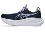 ASICS Gel Nimbus 28 running shoe in midnight navy with purple accents