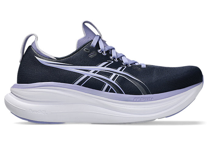 ASICS Gel Nimbus 28 running shoe in midnight navy with bluebell purple accents
