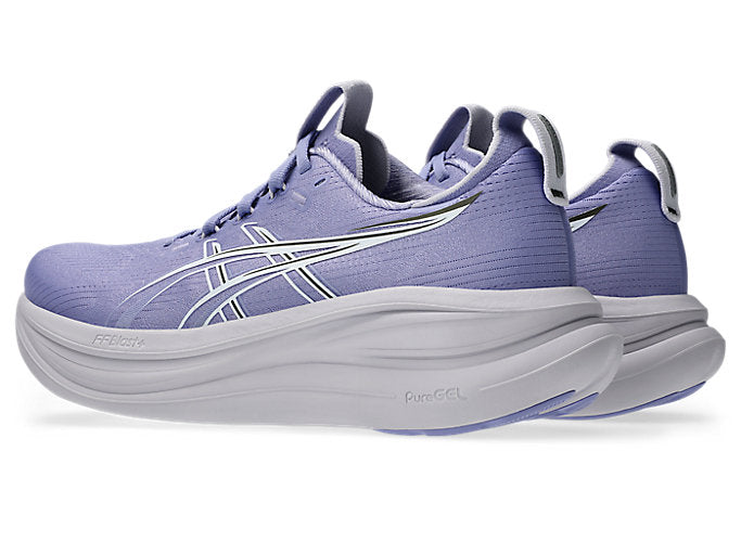 ASICS Gel Nimbus 28 running shoes in dahlia purple and white colorway