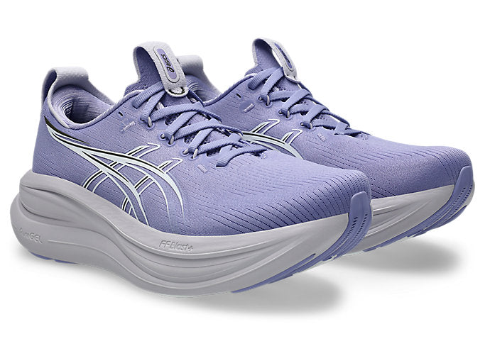 ASICS Gel Nimbus 28 running shoes in purple dahlia and white colorway