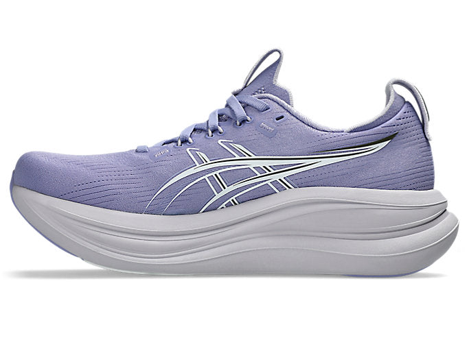 ASICS Gel Nimbus 28 running shoe in dahlia purple and white colorway