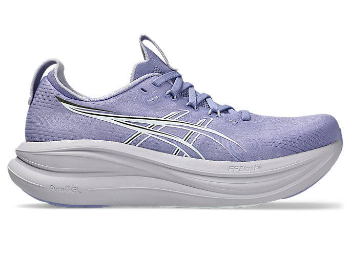 ASICS Gel Nimbus 28 running shoe in dahlia purple and white colorway