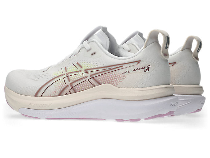 ASICS Gel Kayano 33 running shoes in white with hazy lilac pink accents