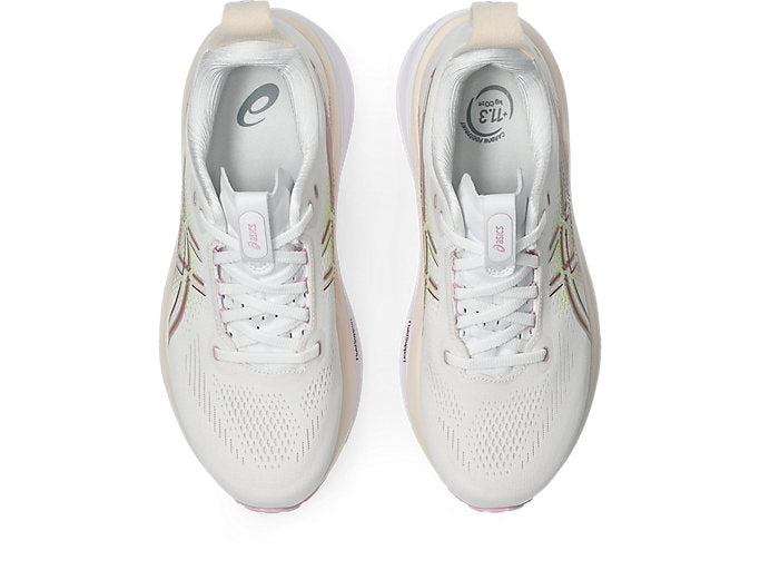 ASICS Gel Kayano 33 running shoes in white with hazy lilac accents, top view