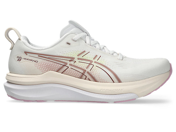 ASICS Gel Kayano 33 running shoe in white with rose gold stripes and lilac accents