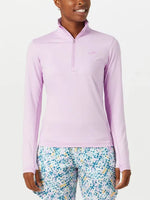 Brooks Dash 1/2 Zip 2.0 pullover in light orchid purple on female model