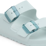 Birkenstock Arizona EVA sandal in Surf Green with translucent stealth buckles close-up