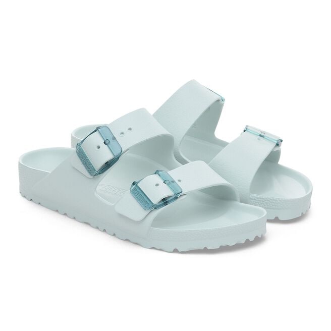 Birkenstock Arizona EVA sandals in Surf Green with stealth buckle detail, pair view