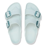 Birkenstock Arizona EVA sandals in Surf Green with translucent teal buckles, top view