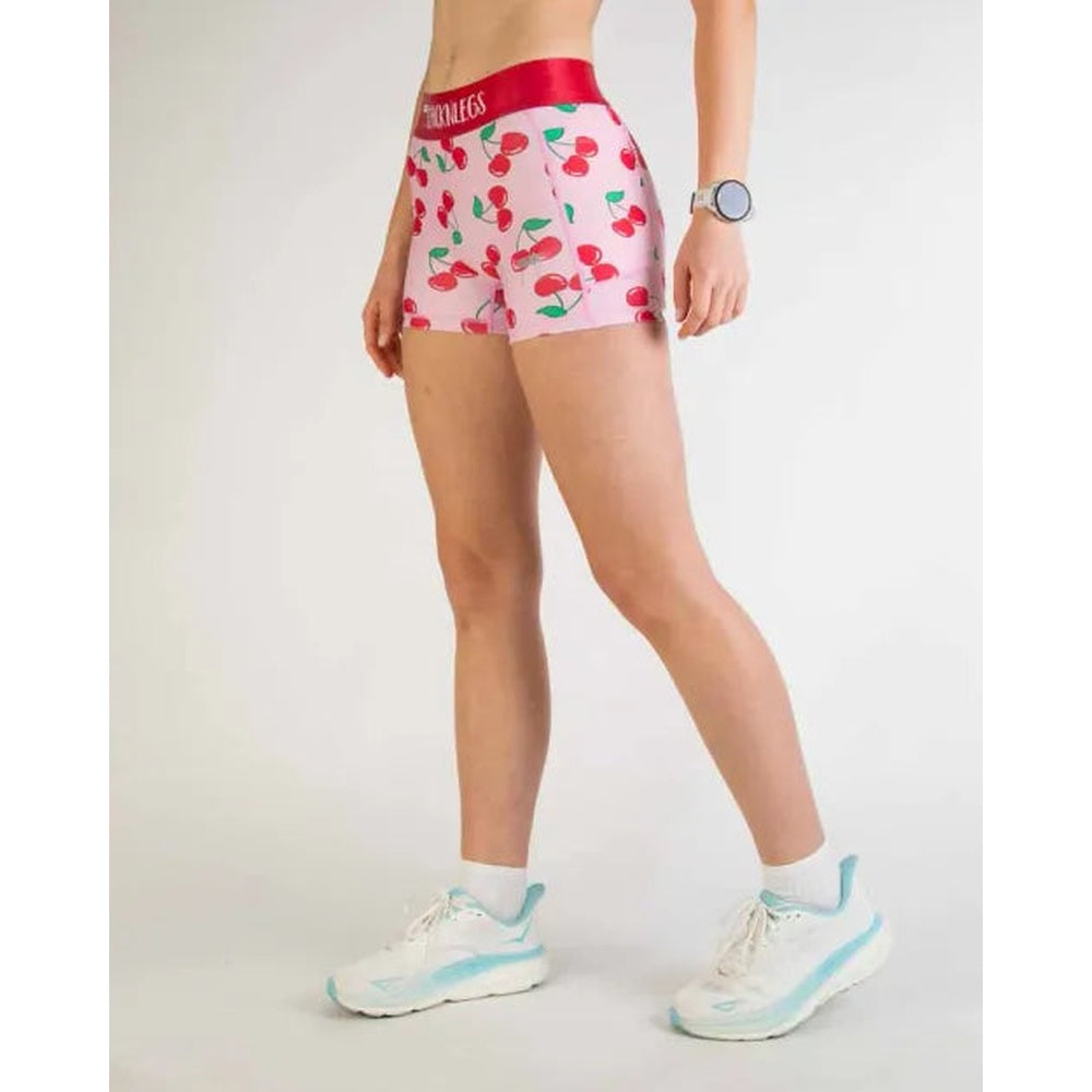 ChicknLegs women's 3-inch compression shorts in pink cherry print with red waistband
