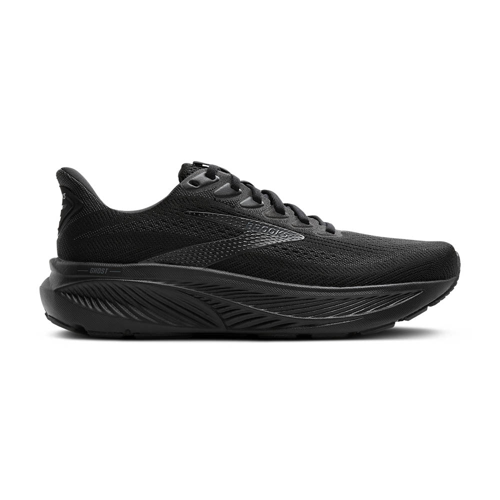 Brooks Ghost 17 men's running shoe in all-black colorway on white background