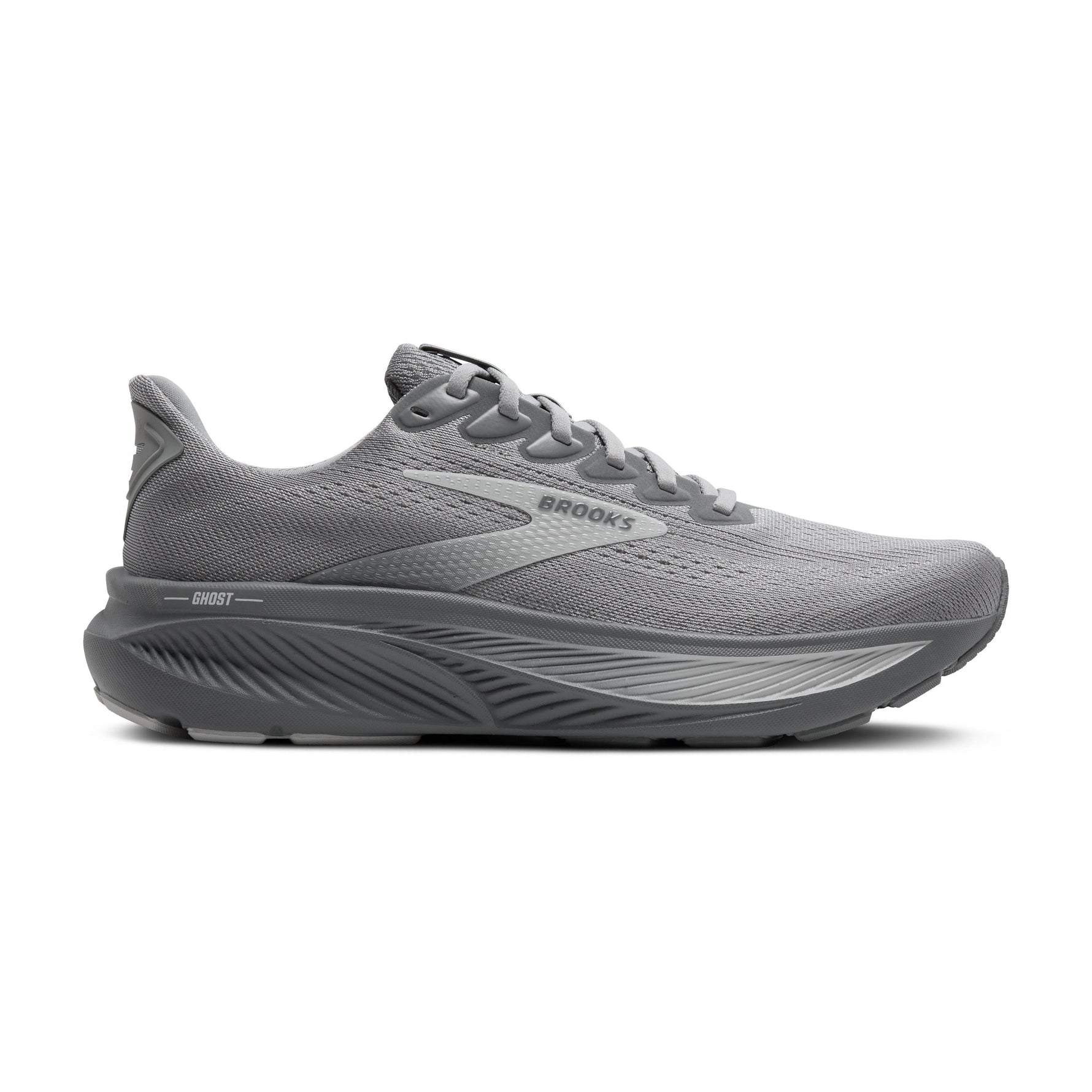 Brooks Ghost 17 men's running shoe in gray with charcoal midsole, lateral view
