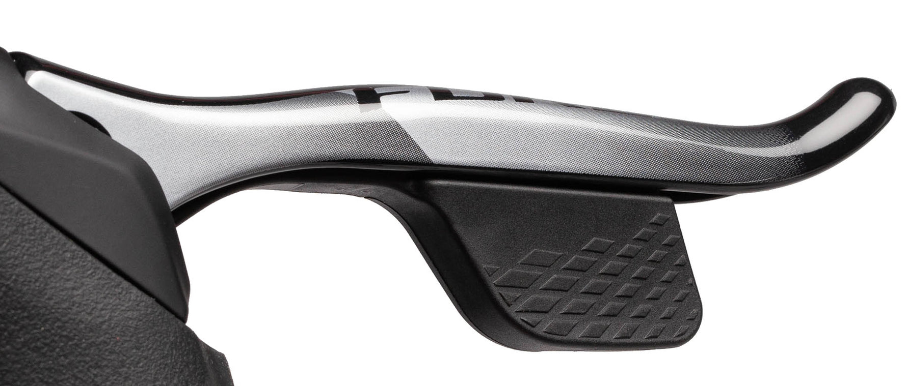 SRAM Force eTap AXS left shifter hood in black and gray profile view