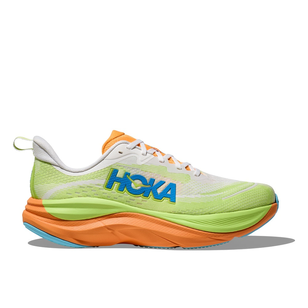 Hoka Skyflow men's running shoe in Frost Solar Flare colorway, lateral side view