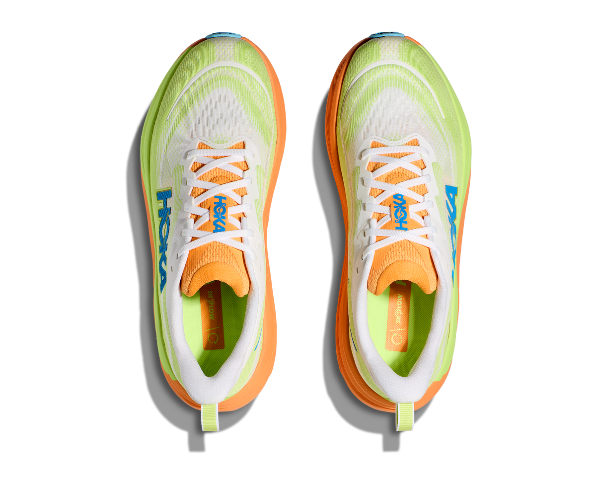 Hoka Skyflow men's running shoes pair top-down view showing Frost Solar Flare colorway