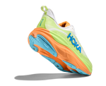 Hoka Skyflow running shoe close-up heel detail showing SkyFlow branding and colorful midsole
