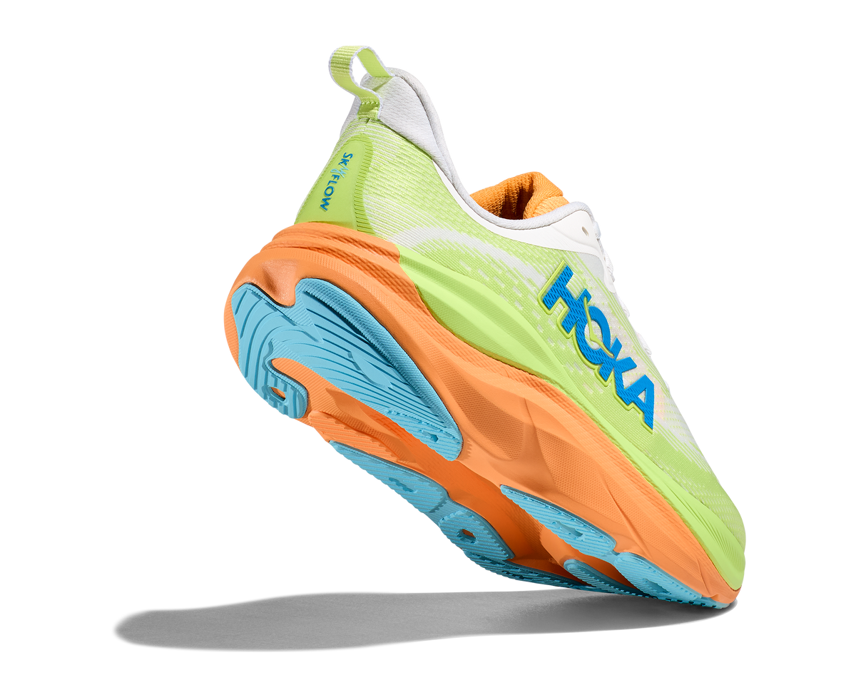 Hoka Skyflow running shoe close-up heel detail showing SkyFlow branding and colorful midsole